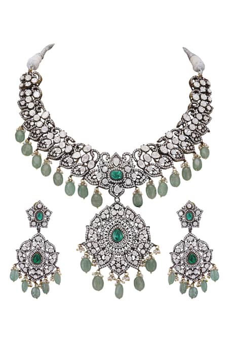 Buy_Auraa Trends_Green Beads, Zari, Diamonds American Pendant Necklace Set _Online_at_Aza_Fashions