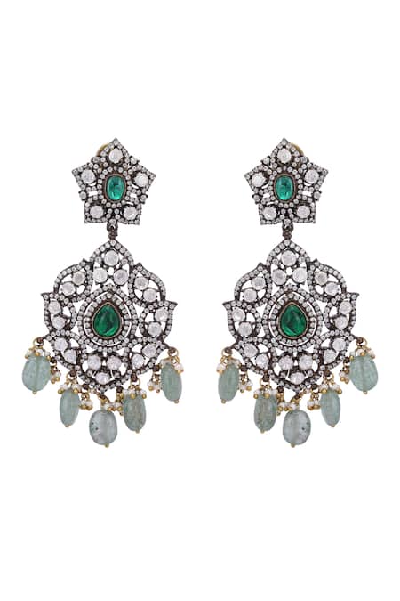 Auraa Trends_Green Beads, Zari, Diamonds American Pendant Necklace Set _at_Aza_Fashions