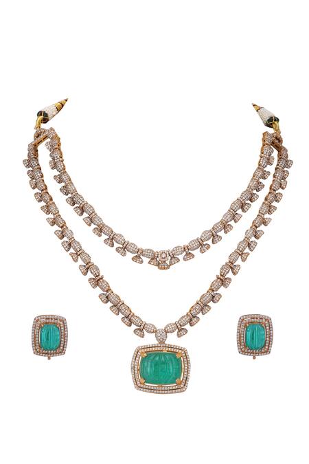 Auraa Trends_Green Stones Kundan Studded Layered Pendant Necklace Set _Online_at_Aza_Fashions