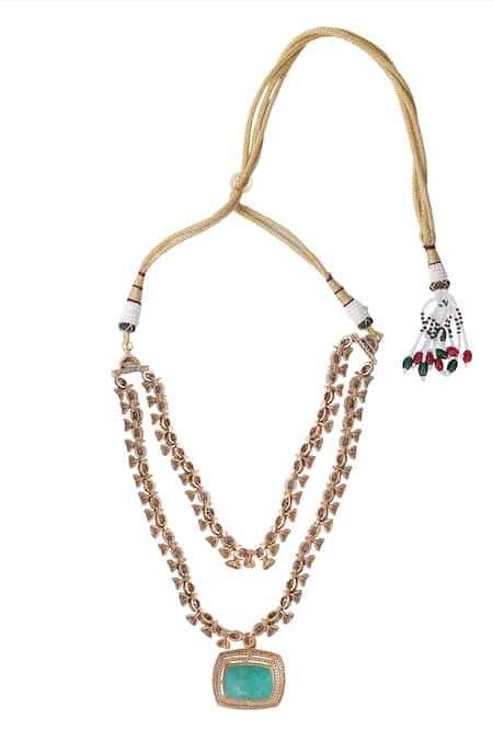 Buy_Auraa Trends_Green Stones Kundan Studded Layered Pendant Necklace Set _Online_at_Aza_Fashions