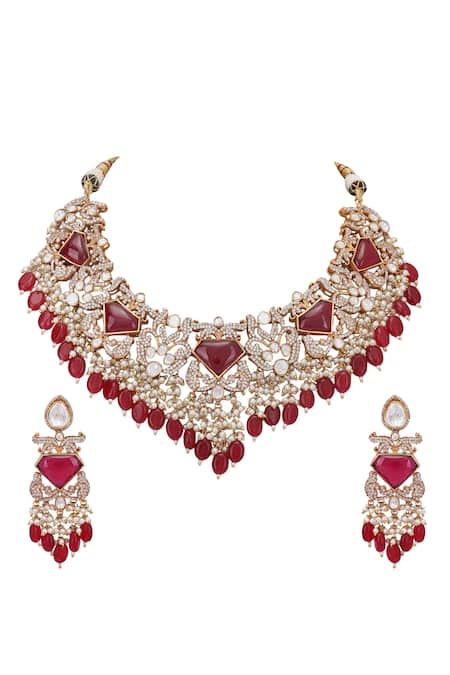 Auraa Trends_Red Beads, Diamonds Carved Cutwork Necklace Set _Online_at_Aza_Fashions