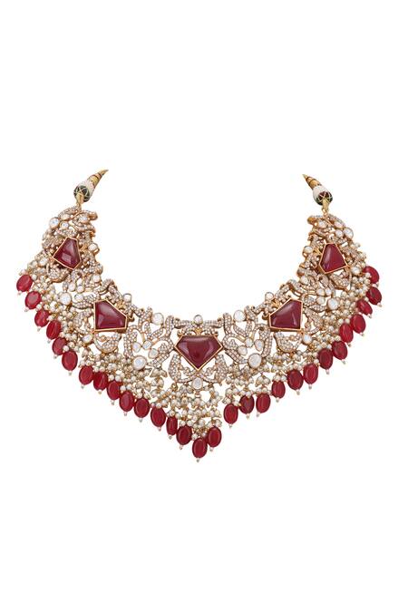 Buy_Auraa Trends_Red Beads, Diamonds Carved Cutwork Necklace Set _Online_at_Aza_Fashions