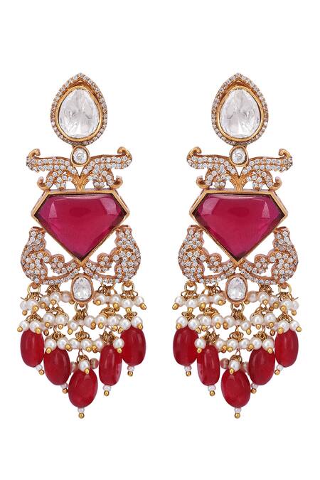 Auraa Trends_Red Beads, Diamonds Carved Cutwork Necklace Set _at_Aza_Fashions