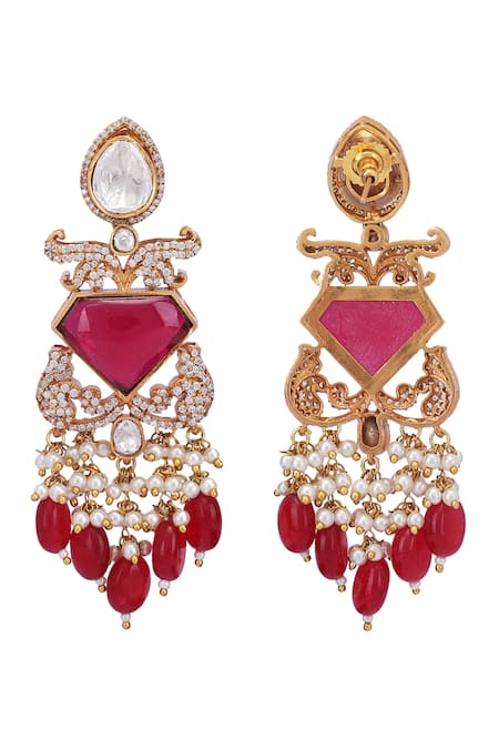 Buy_Auraa Trends_Red Beads, Diamonds Carved Cutwork Necklace Set 