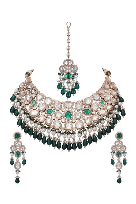 Buy_Auraa Trends_Green Beads, Diamonds Tear Drop Carved Choker Set _Online_at_Aza_Fashions