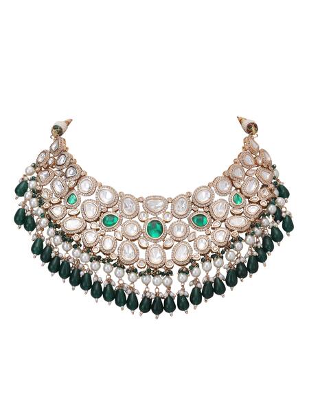 Shop_Auraa Trends_Green Beads, Diamonds Tear Drop Carved Choker Set _Online_at_Aza_Fashions