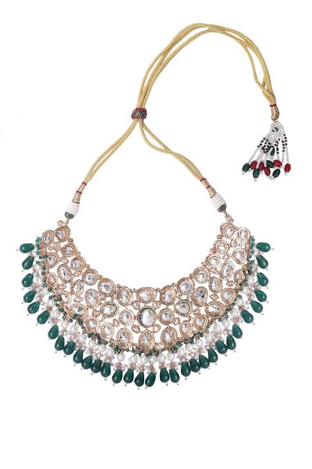 Auraa Trends_Green Beads, Diamonds Tear Drop Carved Choker Set _at_Aza_Fashions