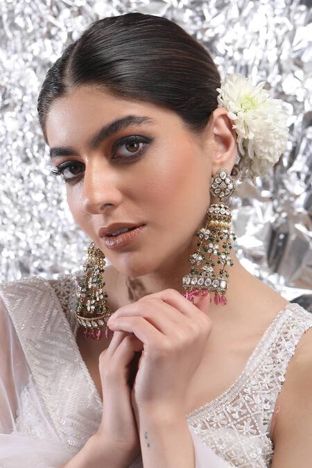 Auraa Trends_Pink Kundan Embellished Jhumkas _at_Aza_Fashions