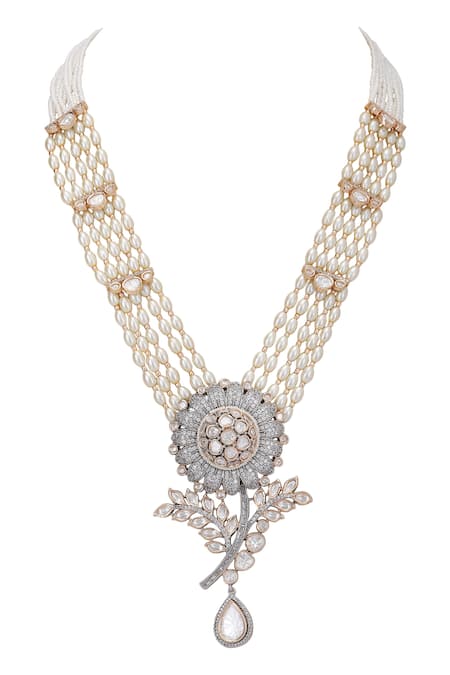 Shop_Auraa Trends_White Stones Floral Carved Pendant Necklace Set _Online_at_Aza_Fashions