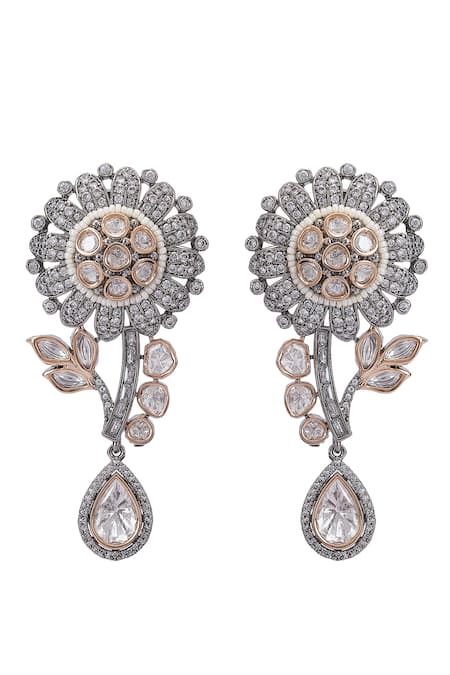 Auraa Trends_White Stones Floral Carved Pendant Necklace Set _at_Aza_Fashions