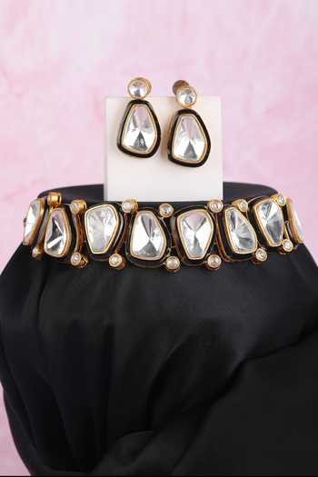 Auraa Trends_Black Diamonds, Stones Geometric Carved Choker Set _Online_at_Aza_Fashions