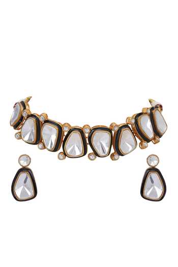 Buy_Auraa Trends_Black Diamonds, Stones Geometric Carved Choker Set _Online_at_Aza_Fashions