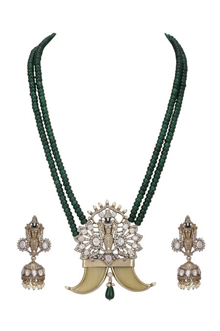 Buy_Auraa Trends_Green Stones, Beads Lord Tirupati Carved Pendant Necklace Set_Online_at_Aza_Fashions