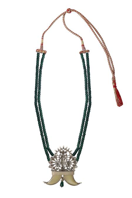 Shop_Auraa Trends_Green Stones, Beads Lord Tirupati Carved Pendant Necklace Set_Online_at_Aza_Fashions