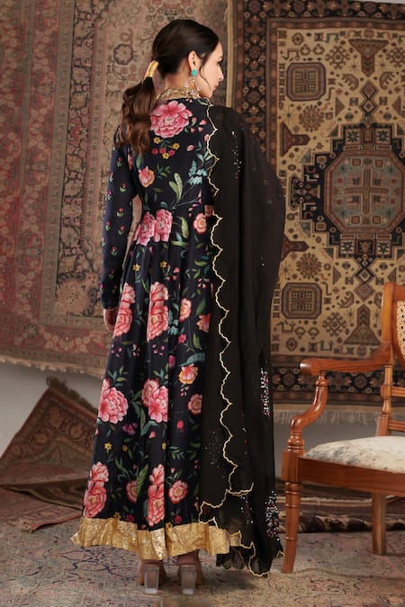 Shop Negra Elegante Black Organza, Lycra, Cotton Satin, Cotton, Silk Floral Pattern Anarkali Set at Aza Fashions Shop_Negra Elegante_Black Organza, Lycra, Cotton Satin, Cotton, Silk Floral Pattern Anarkali Set _at_Aza_Fashions