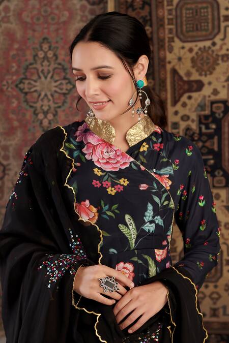 Shop Negra Elegante Black Organza, Lycra, Cotton Satin, Cotton, Silk Floral Pattern Anarkali Set Online at Aza Fashions Shop_Negra Elegante_Black Organza, Lycra, Cotton Satin, Cotton, Silk Floral Pattern Anarkali Set _Online_at_Aza_Fashions