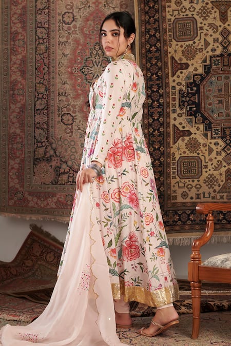Buy_Negra Elegante_Ivory Organza, Lycra, Satin, Floral Pattern Anarkali Churidar Set _Online_at_Aza_Fashions