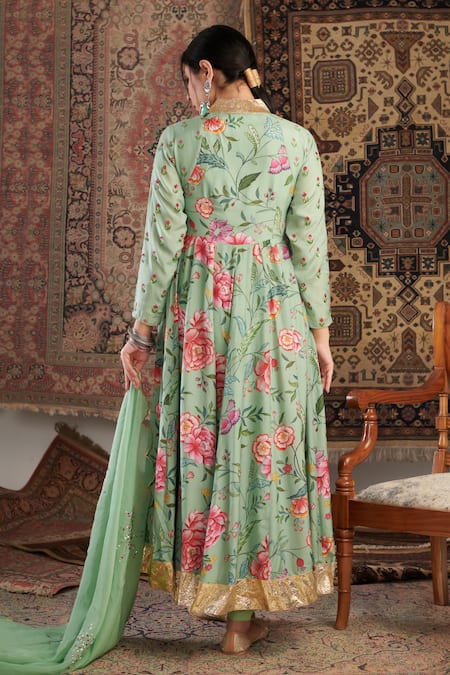 Shop Negra Elegante Green Organza, Lycra, Satin, Floral Hand Anarkali Churidar Set at Aza Fashions Shop_Negra Elegante_Green Organza, Lycra, Satin, Floral Hand Anarkali Churidar Set _at_Aza_Fashions