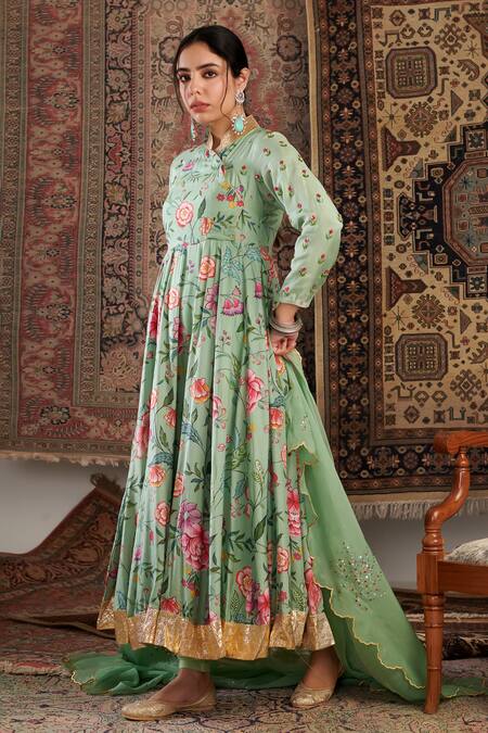 Buy Negra Elegante Green Organza, Lycra, Satin, Floral Hand Anarkali Churidar Set Online at Aza Fashions Buy_Negra Elegante_Green Organza, Lycra, Satin, Floral Hand Anarkali Churidar Set _Online_at_Aza_Fashions