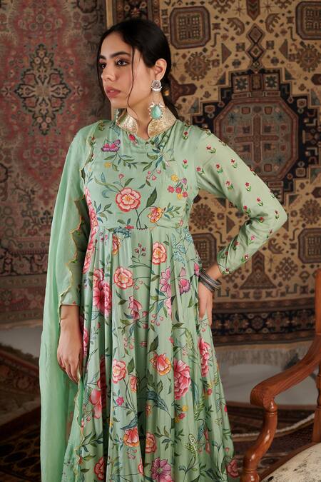 Shop Negra Elegante Green Organza, Lycra, Satin, Floral Hand Anarkali Churidar Set Online at Aza Fashions Shop_Negra Elegante_Green Organza, Lycra, Satin, Floral Hand Anarkali Churidar Set _Online_at_Aza_Fashions
