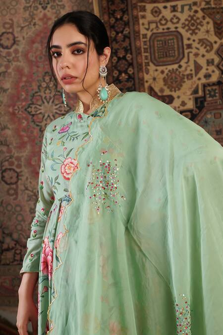 Negra Elegante Green Organza, Lycra, Satin, Floral Hand Anarkali Churidar Set at Aza Fashions Negra Elegante_Green Organza, Lycra, Satin, Floral Hand Anarkali Churidar Set _at_Aza_Fashions