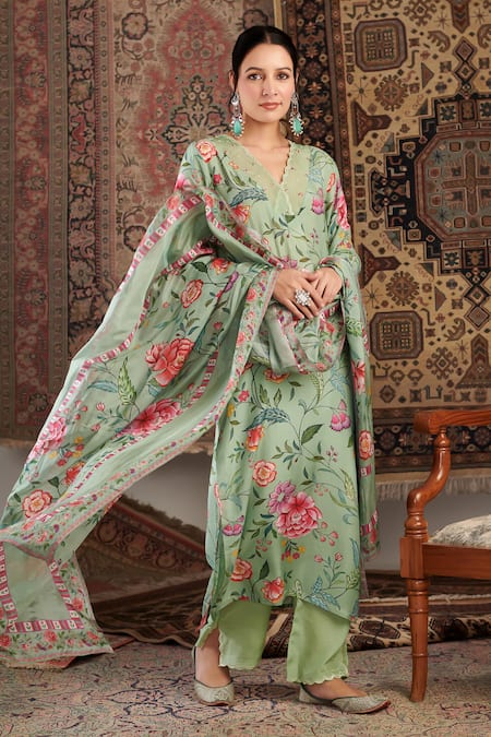 Negra Elegante_Green Silk, Cotton Sequins, Pearls, Embroidery Floral Hand Kurta Palazzo Set _Online_at_Aza_Fashions