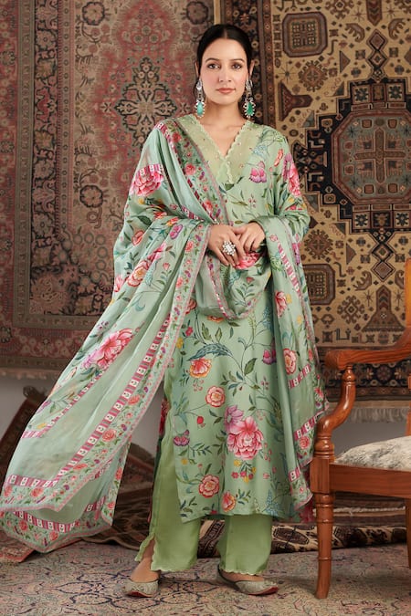 Buy_Negra Elegante_Green Silk, Cotton Sequins, Pearls, Embroidery Floral Hand Kurta Palazzo Set _Online_at_Aza_Fashions