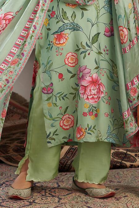 Shop_Negra Elegante_Green Silk, Cotton Sequins, Pearls, Embroidery Floral Hand Kurta Palazzo Set _Online_at_Aza_Fashions