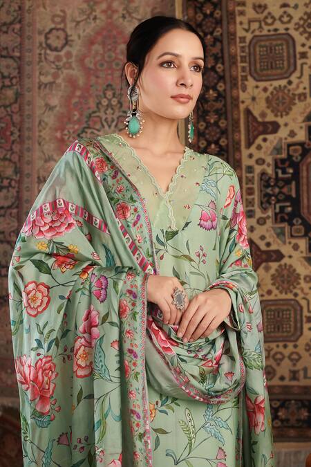 Negra Elegante_Green Silk, Cotton Sequins, Pearls, Embroidery Floral Hand Kurta Palazzo Set _at_Aza_Fashions
