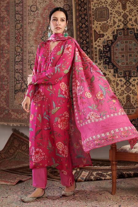 Buy_Negra Elegante_Pink Silk, , Satin Floral Pattern Straight Kurta Palazzo Set _Online_at_Aza_Fashions