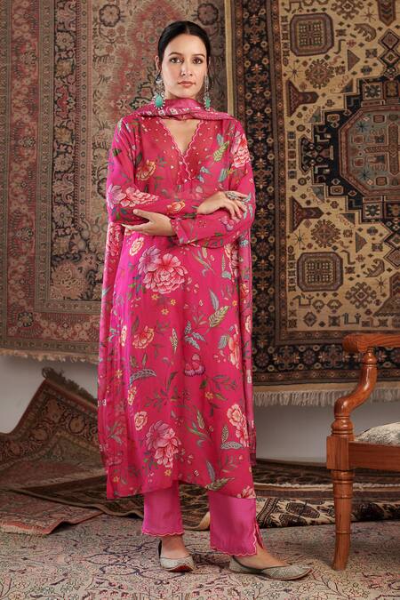 Shop_Negra Elegante_Pink Silk, , Satin Floral Pattern Straight Kurta Palazzo Set _Online_at_Aza_Fashions