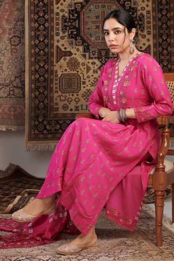 Shop_Negra Elegante_Pink Silk, , Satin Beads, Gul Floral Pattern Kurta Palazzo Set _Online_at_Aza_Fashions