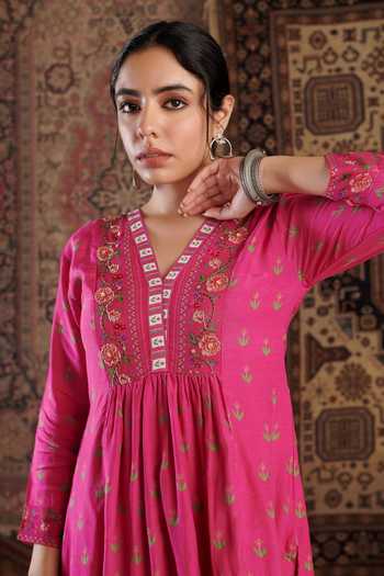 Buy_Negra Elegante_Pink Silk, , Satin Beads, Gul Floral Pattern Kurta Palazzo Set 