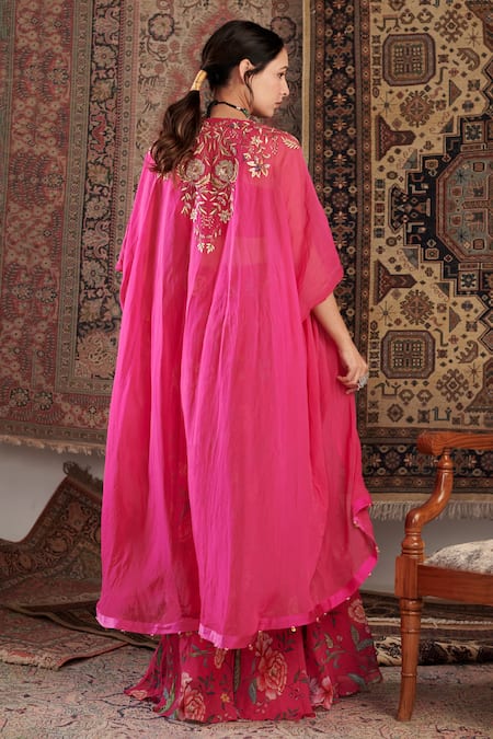 Negra Elegante Floral Print Sharara Set With Open Cape 