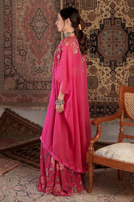 Negra Elegante_Pink Organza, Georgette Embroidery, Floral Print Sharara Set With Open Cape _Online_at_Aza_Fashions