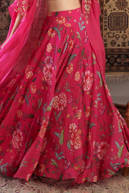 Buy_Negra Elegante_Pink Organza, Georgette Embroidery, Floral Print Sharara Set With Open Cape _Online_at_Aza_Fashions