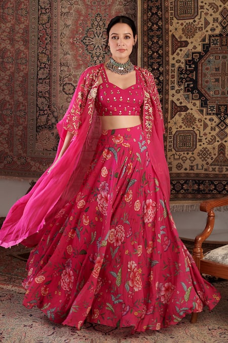 Shop_Negra Elegante_Pink Organza, Georgette Embroidery, Floral Print Sharara Set With Open Cape _Online_at_Aza_Fashions