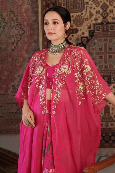 Buy_Negra Elegante_Pink Organza, Georgette Embroidery, Floral Print Sharara Set With Open Cape 