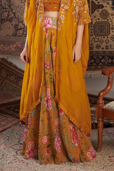 Negra Elegante_Yellow Organza, Georgette Embroidery, Ameera Floral Pattern Cape Sharara Set _Online_at_Aza_Fashions