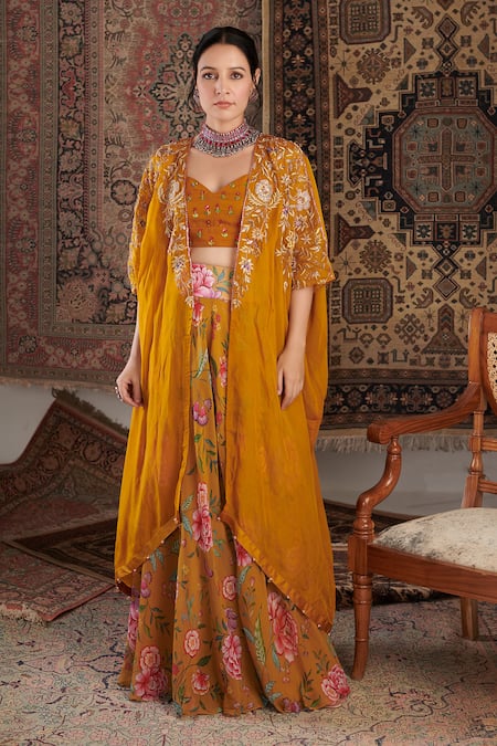 Buy_Negra Elegante_Yellow Organza, Georgette Embroidery, Ameera Floral Pattern Cape Sharara Set _Online_at_Aza_Fashions