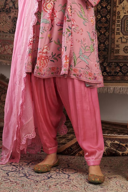Negra Elegante_Pink Chanderi, Cotton, Modal Embroidery Chintz Floral Pattern Short Anarkali Set _Online_at_Aza_Fashions