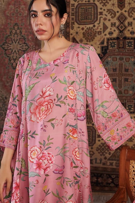 Buy_Negra Elegante_Pink Chanderi, Cotton, Modal Embroidery Chintz Floral Pattern Short Anarkali Set _Online_at_Aza_Fashions