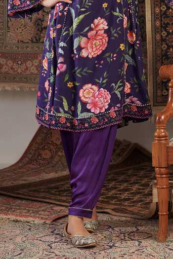 Negra Elegante_Purple Chanderi, Cotton, Modal Chintz Floral Pattern Short Anarkali Salwar Set _Online_at_Aza_Fashions