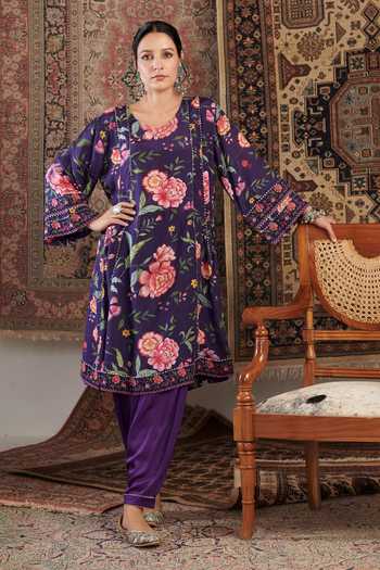 Buy_Negra Elegante_Purple Chanderi, Cotton, Modal Chintz Floral Pattern Short Anarkali Salwar Set _Online_at_Aza_Fashions