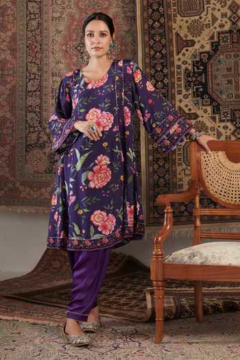 Shop_Negra Elegante_Purple Chanderi, Cotton, Modal Chintz Floral Pattern Short Anarkali Salwar Set _Online_at_Aza_Fashions