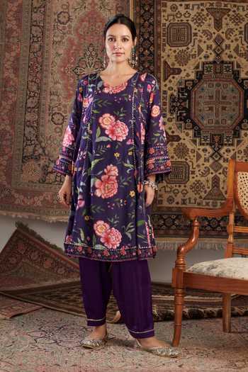 Negra Elegante_Purple Chanderi, Cotton, Modal Chintz Floral Pattern Short Anarkali Salwar Set _at_Aza_Fashions