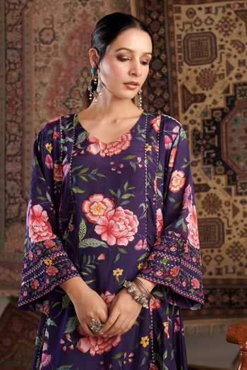Buy_Negra Elegante_Purple Chanderi, Cotton, Modal Chintz Floral Pattern Short Anarkali Salwar Set 