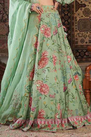 Negra Elegante_Green Organza, Georgette Embroidery, Stones High Zara Floral Pattern Lehenga Set _Online_at_Aza_Fashions