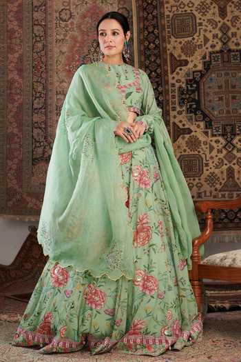 Buy_Negra Elegante_Green Organza, Georgette Embroidery, Stones High Zara Floral Pattern Lehenga Set _Online_at_Aza_Fashions