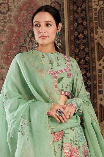 Shop_Negra Elegante_Green Organza, Georgette Embroidery, Stones High Zara Floral Pattern Lehenga Set _Online_at_Aza_Fashions
